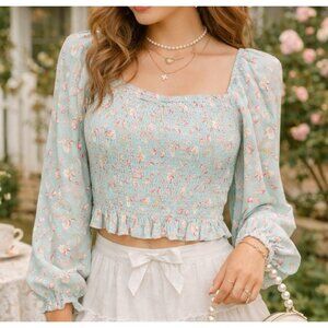 Y2K Floral Cottagecore Boho Long Sleeve Dainty Feminine Coquette Blouse S